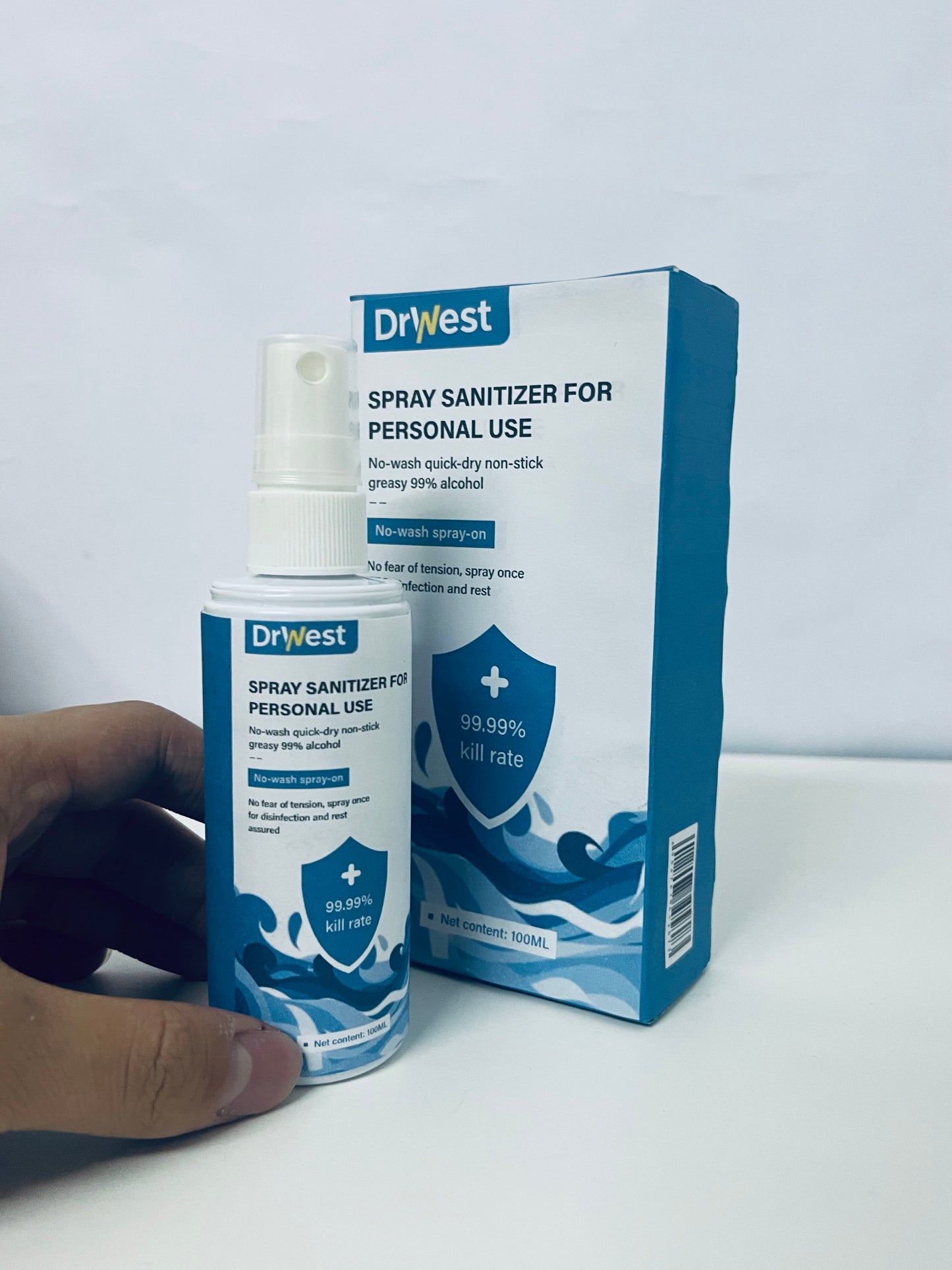 DrWest Personal Spray Sanitizer - 100mL 99% Alcohol Formula, 99.99% Germ Kill Rate, No-Wash Quick-Dry Non-Sticky Hand & Surface Disinfectant for Travel/Commute/Daily Use
