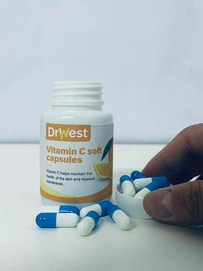 DrWest Vitamin C Soft Capsules - Daily Nutritional Supplement for Skin & Mucous Membrane Health, Easy-to-Swallow Capsules in Compact Portable Bottle