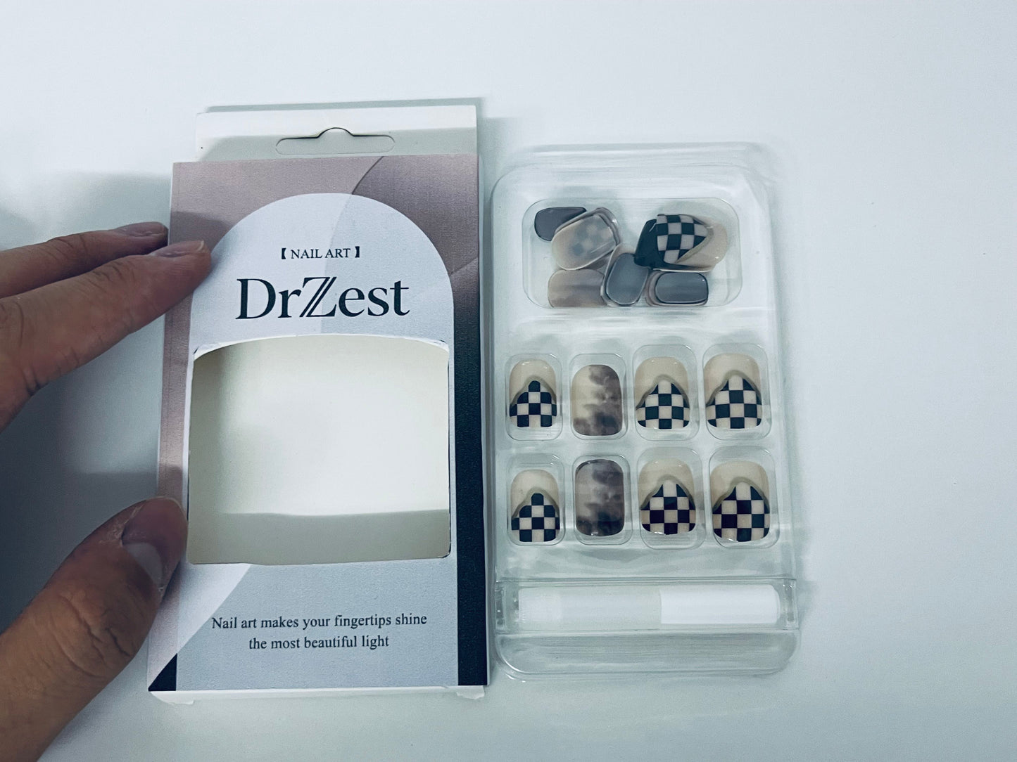 DrZest False Nails - Black & White Checkerboard Accents, Edgy Nail Art Style