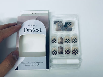 DrZest False Nails - Black & White Checkerboard Accents, Edgy Nail Art Style