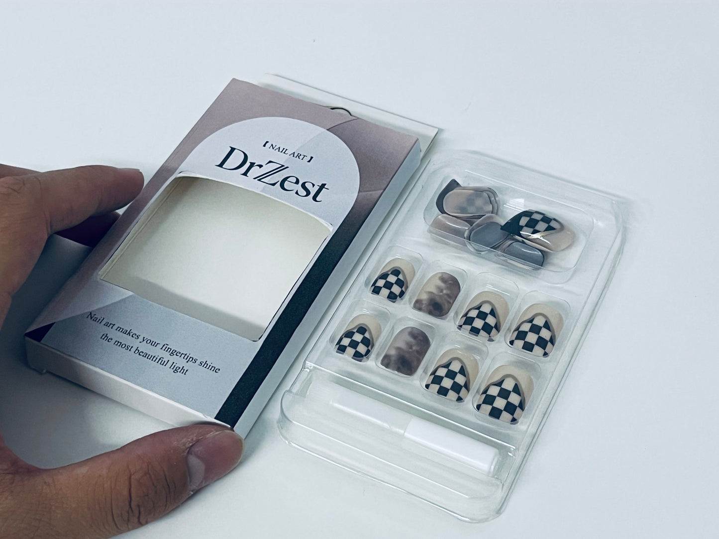 DrZest False Nails - Black & White Checkerboard Accents, Edgy Nail Art Style