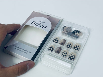 DrZest False Nails - Black & White Checkerboard Accents, Edgy Nail Art Style