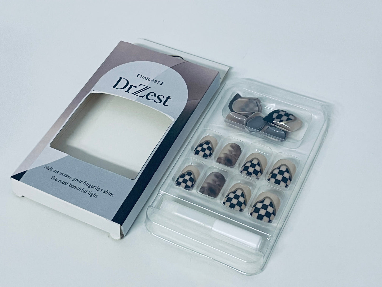 DrZest False Nails - Black & White Checkerboard Accents, Edgy Nail Art Style