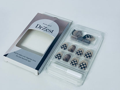 DrZest False Nails - Black & White Checkerboard Accents, Edgy Nail Art Style