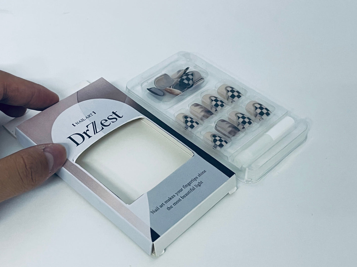 DrZest False Nails - Black & White Checkerboard Accents, Edgy Nail Art Style