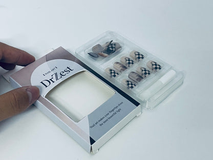 DrZest False Nails - Black & White Checkerboard Accents, Edgy Nail Art Style