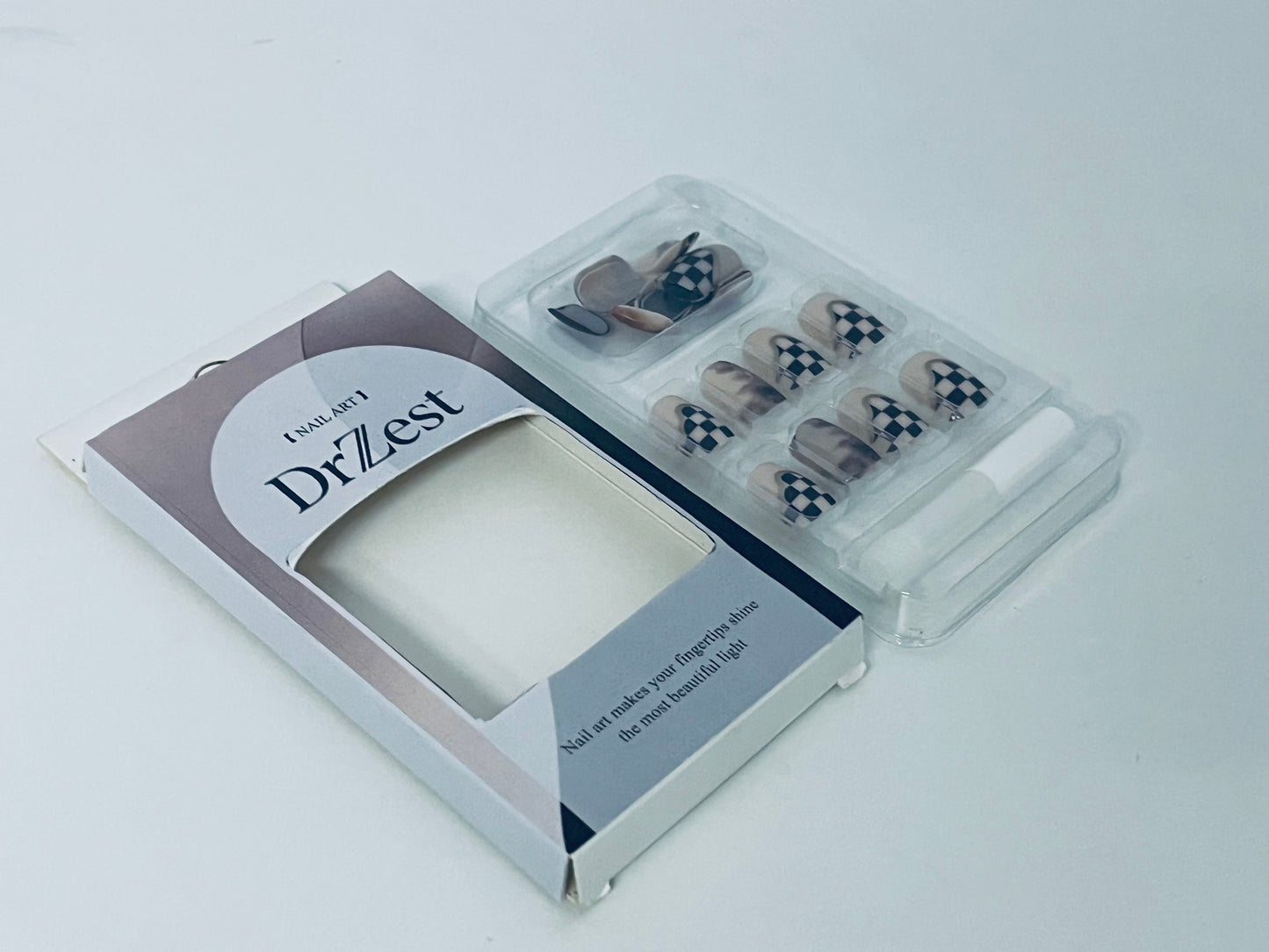 DrZest False Nails - Black & White Checkerboard Accents, Edgy Nail Art Style