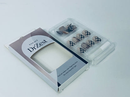DrZest False Nails - Black & White Checkerboard Accents, Edgy Nail Art Style