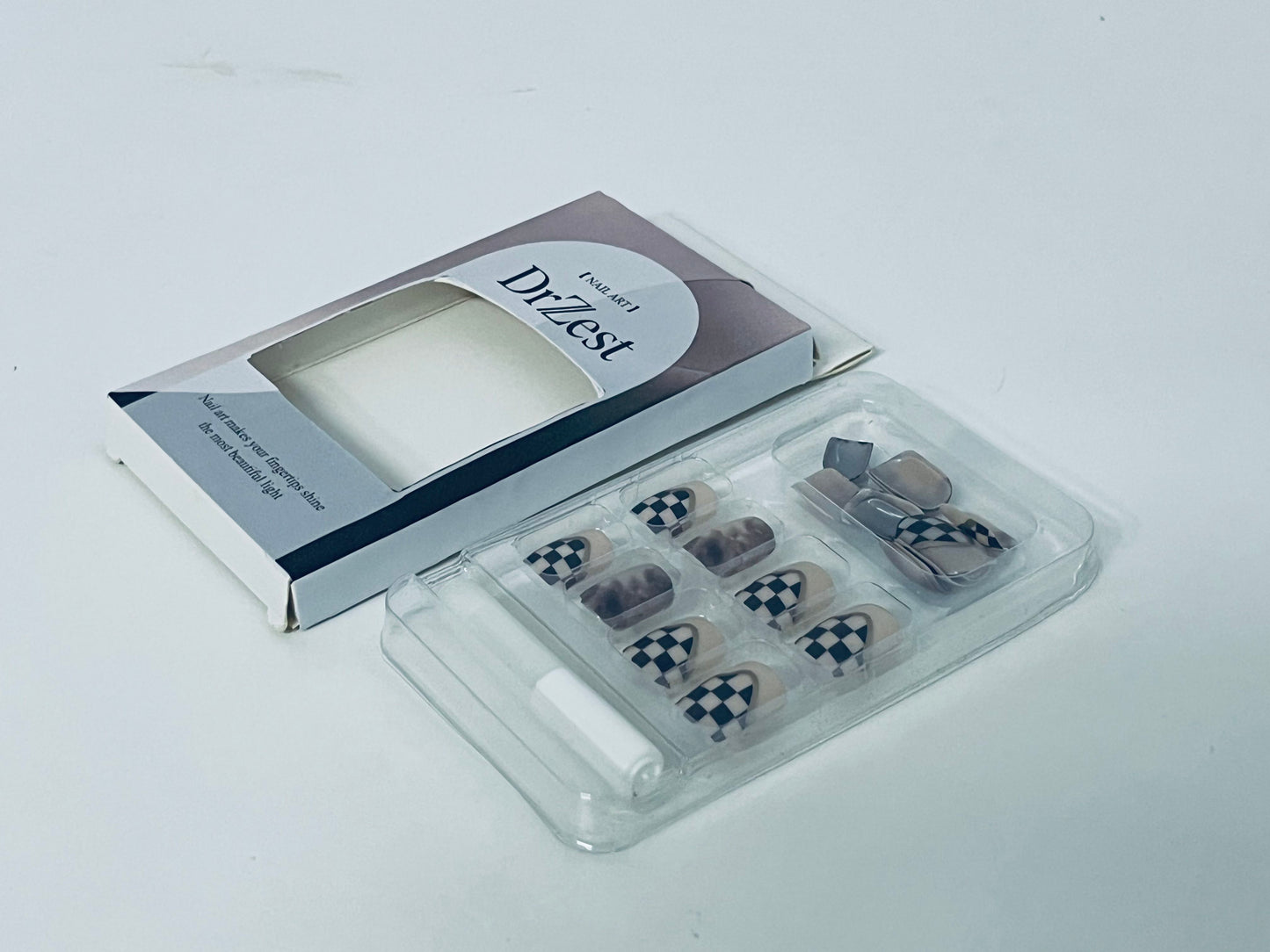 DrZest False Nails - Black & White Checkerboard Accents, Edgy Nail Art Style