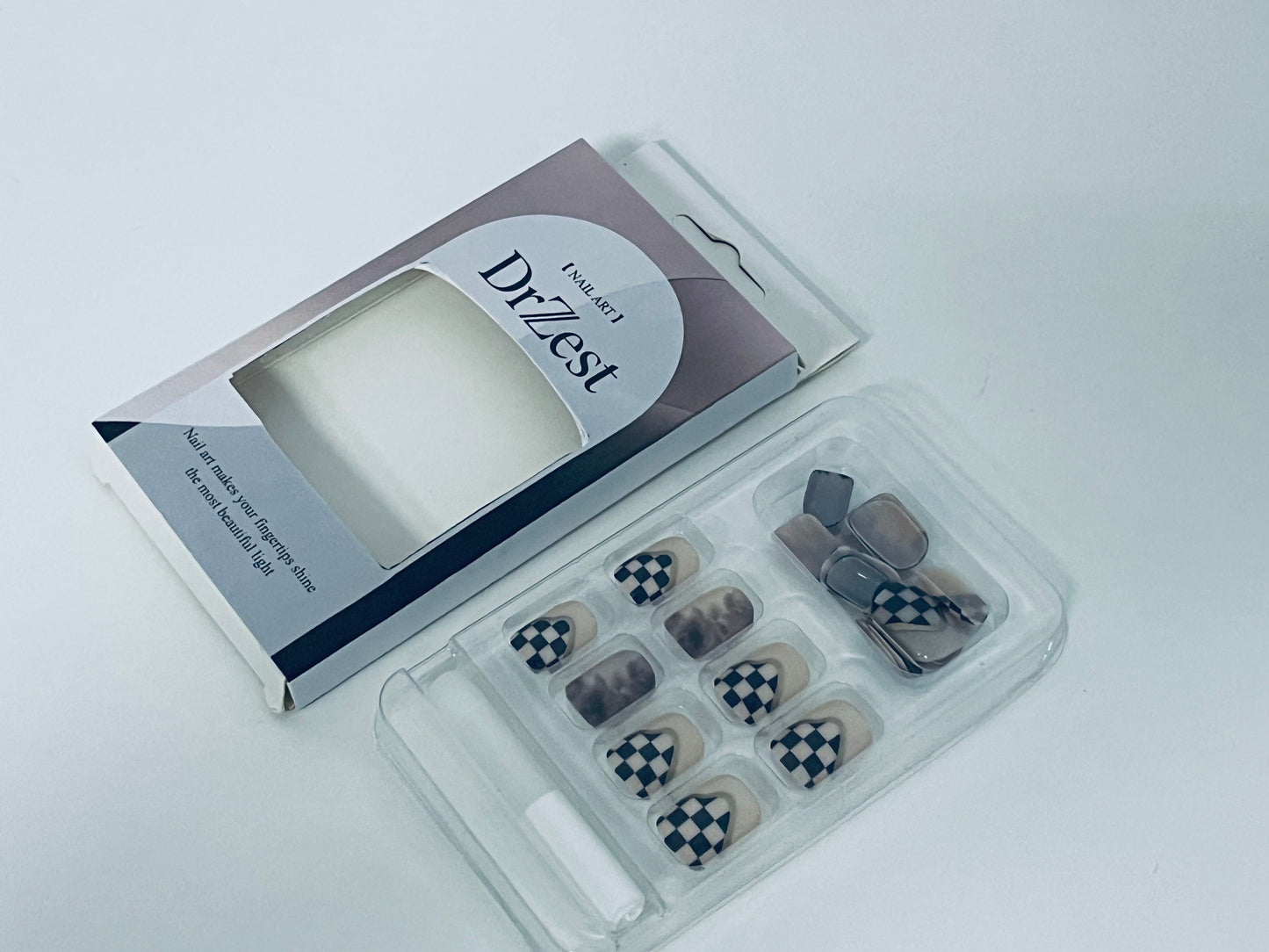 DrZest False Nails - Black & White Checkerboard Accents, Edgy Nail Art Style