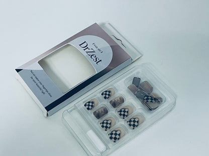 DrZest False Nails - Black & White Checkerboard Accents, Edgy Nail Art Style