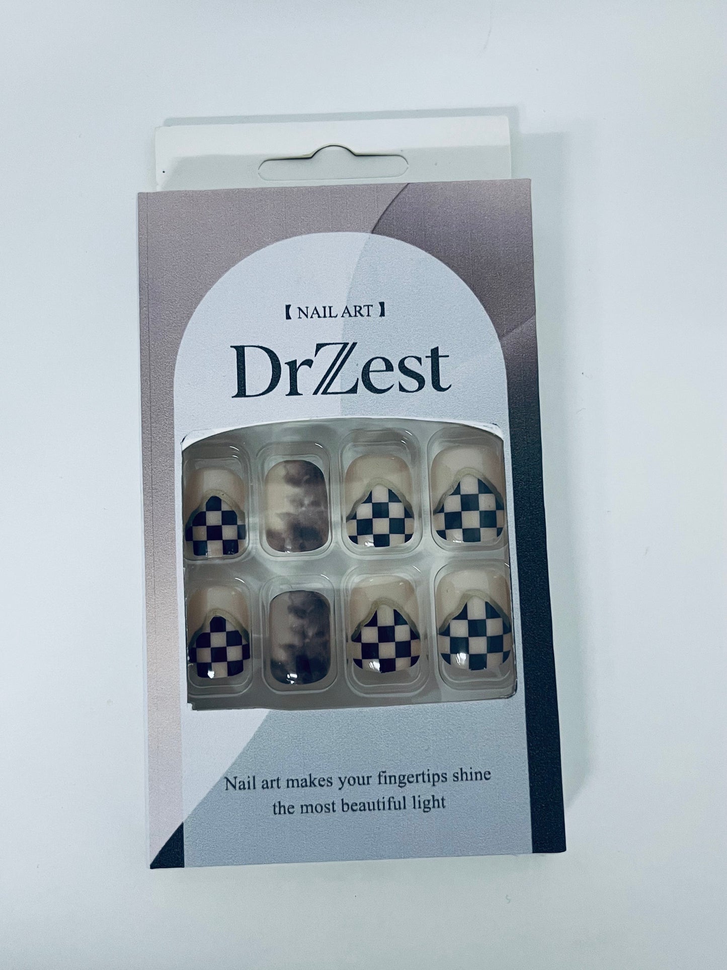 DrZest False Nails - Black & White Checkerboard Accents, Edgy Nail Art Style