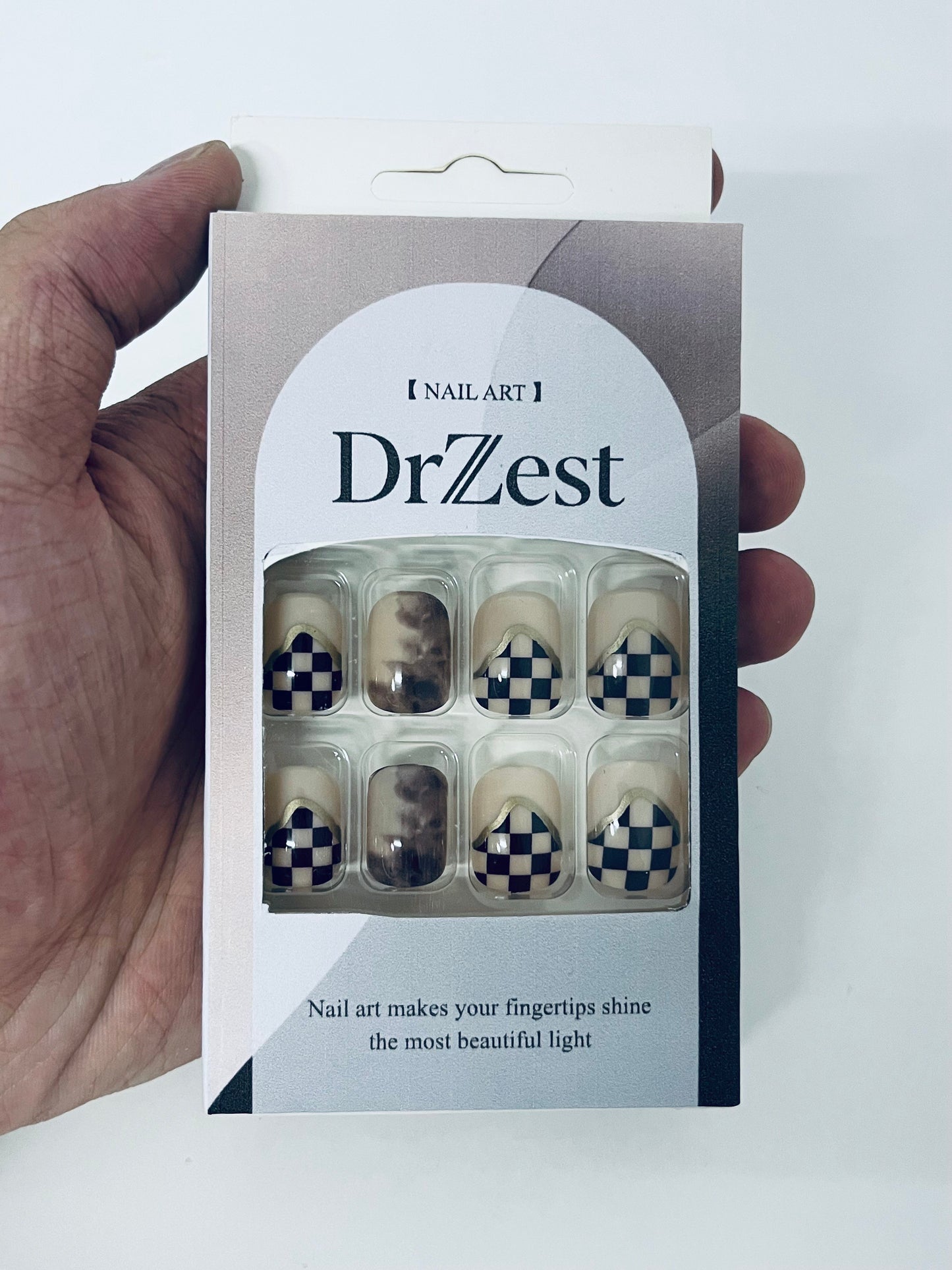 DrZest False Nails - Black & White Checkerboard Accents, Edgy Nail Art Style