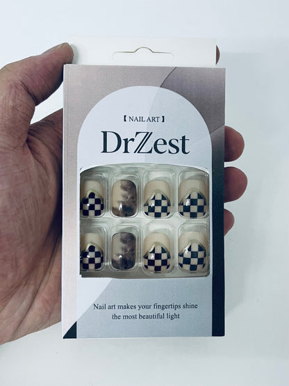 DrZest False Nails - Black & White Checkerboard Accents, Edgy Nail Art Style