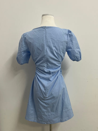 Drcould Light Blue Square Neck Puff Sleeve Dress: Breathable & Stylish Waist-Tie Short Dress for Daily & Casual Occasions