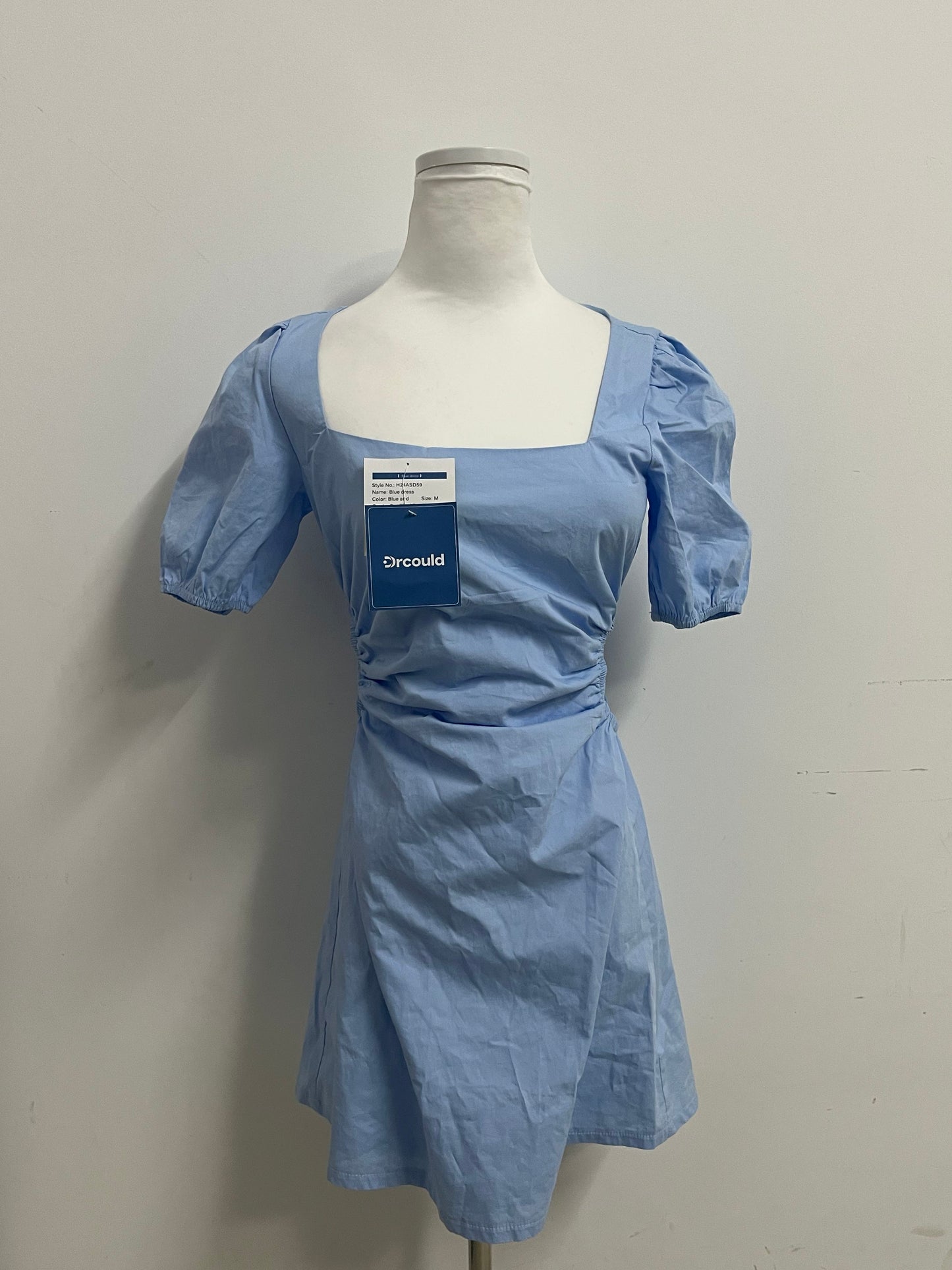 Drcould Light Blue Square Neck Puff Sleeve Dress: Breathable & Stylish Waist-Tie Short Dress for Daily & Casual Occasions