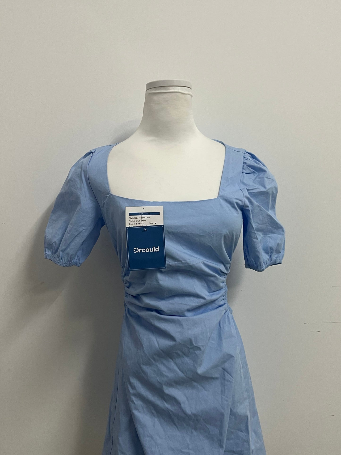 Drcould Light Blue Square Neck Puff Sleeve Dress: Breathable & Stylish Waist-Tie Short Dress for Daily & Casual Occasions