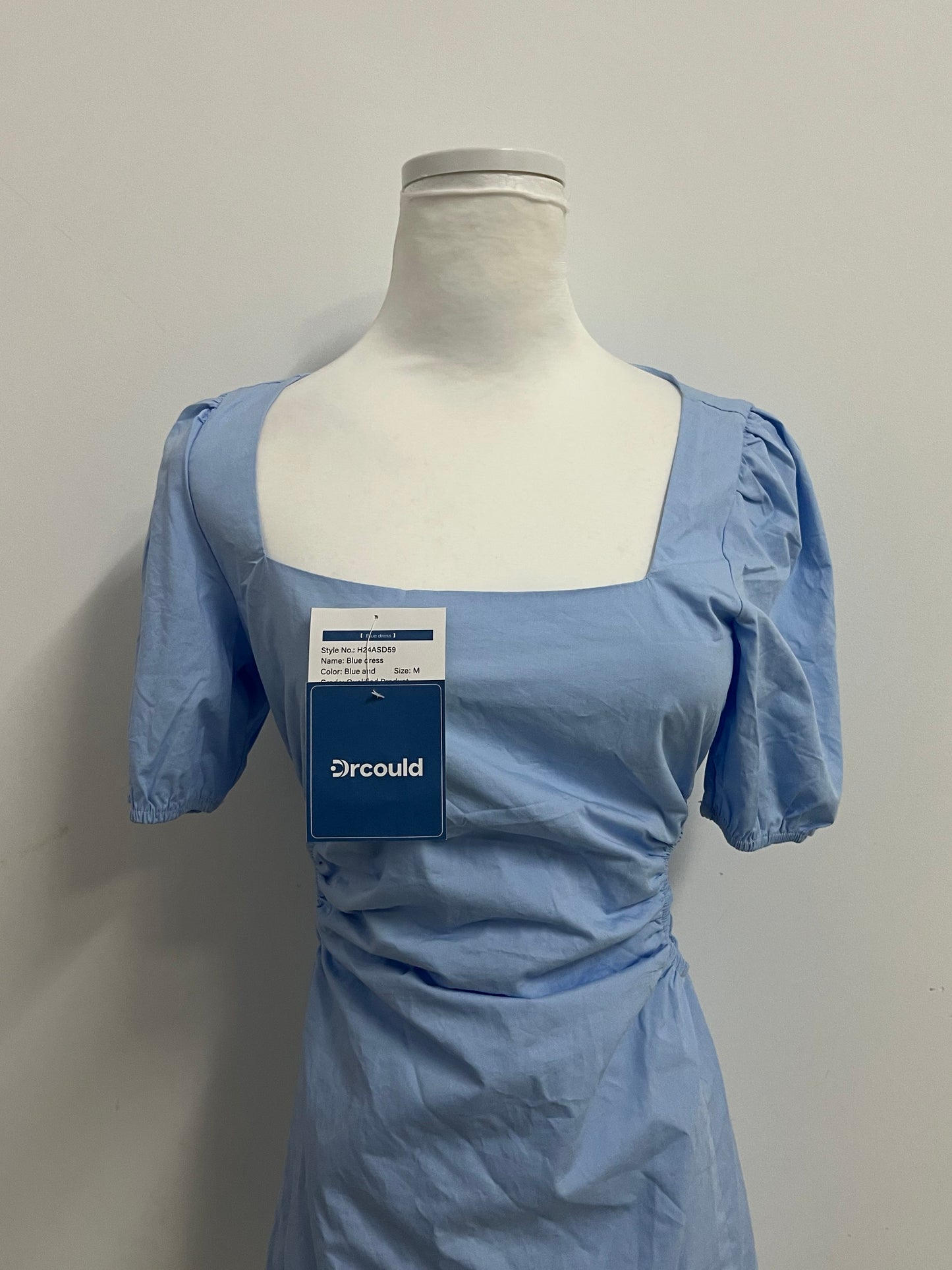 Drcould Light Blue Square Neck Puff Sleeve Dress: Breathable & Stylish Waist-Tie Short Dress for Daily & Casual Occasions