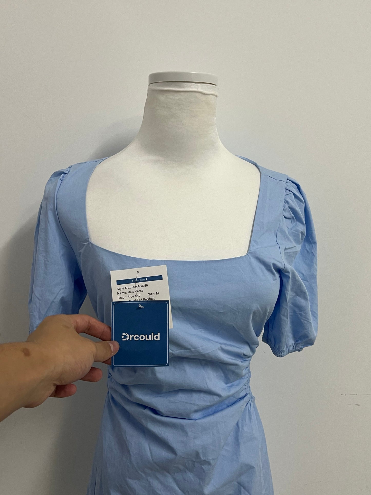 Drcould Light Blue Square Neck Puff Sleeve Dress: Breathable & Stylish Waist-Tie Short Dress for Daily & Casual Occasions
