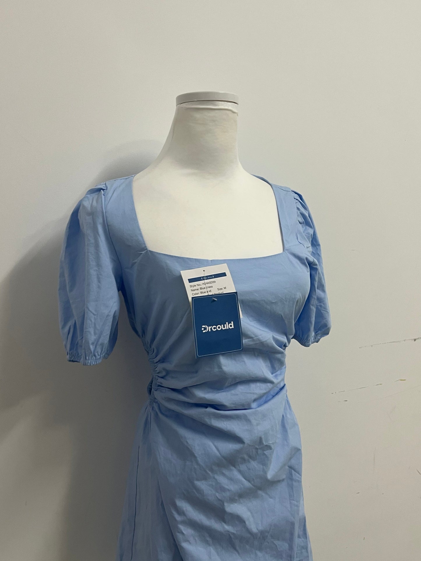 Drcould Light Blue Square Neck Puff Sleeve Dress: Breathable & Stylish Waist-Tie Short Dress for Daily & Casual Occasions