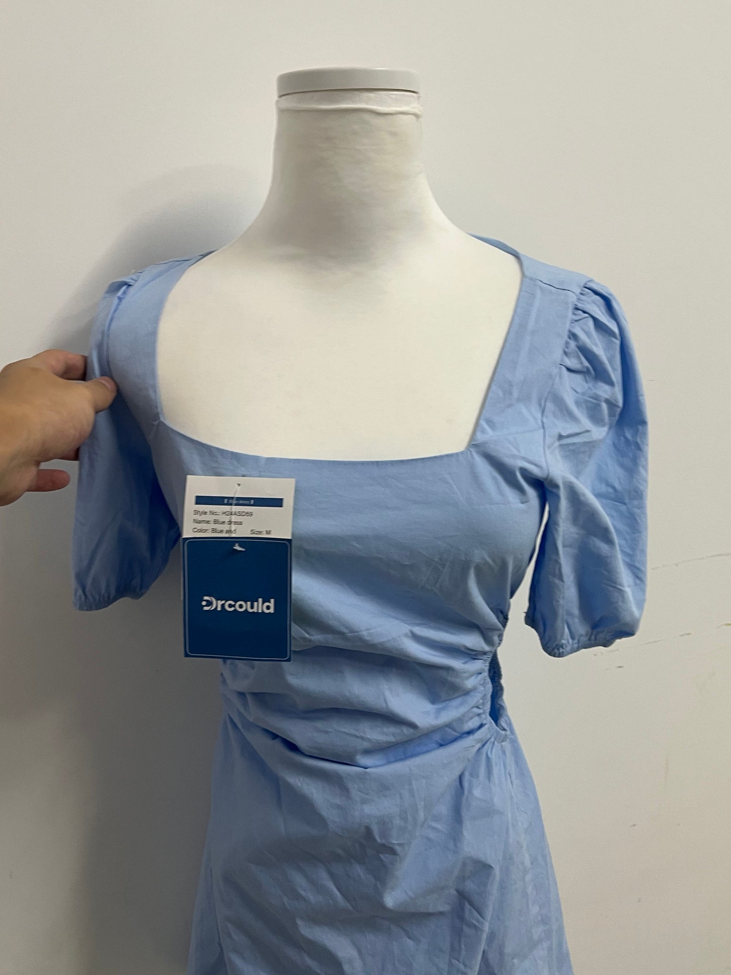 Drcould Light Blue Square Neck Puff Sleeve Dress: Breathable & Stylish Waist-Tie Short Dress for Daily & Casual Occasions