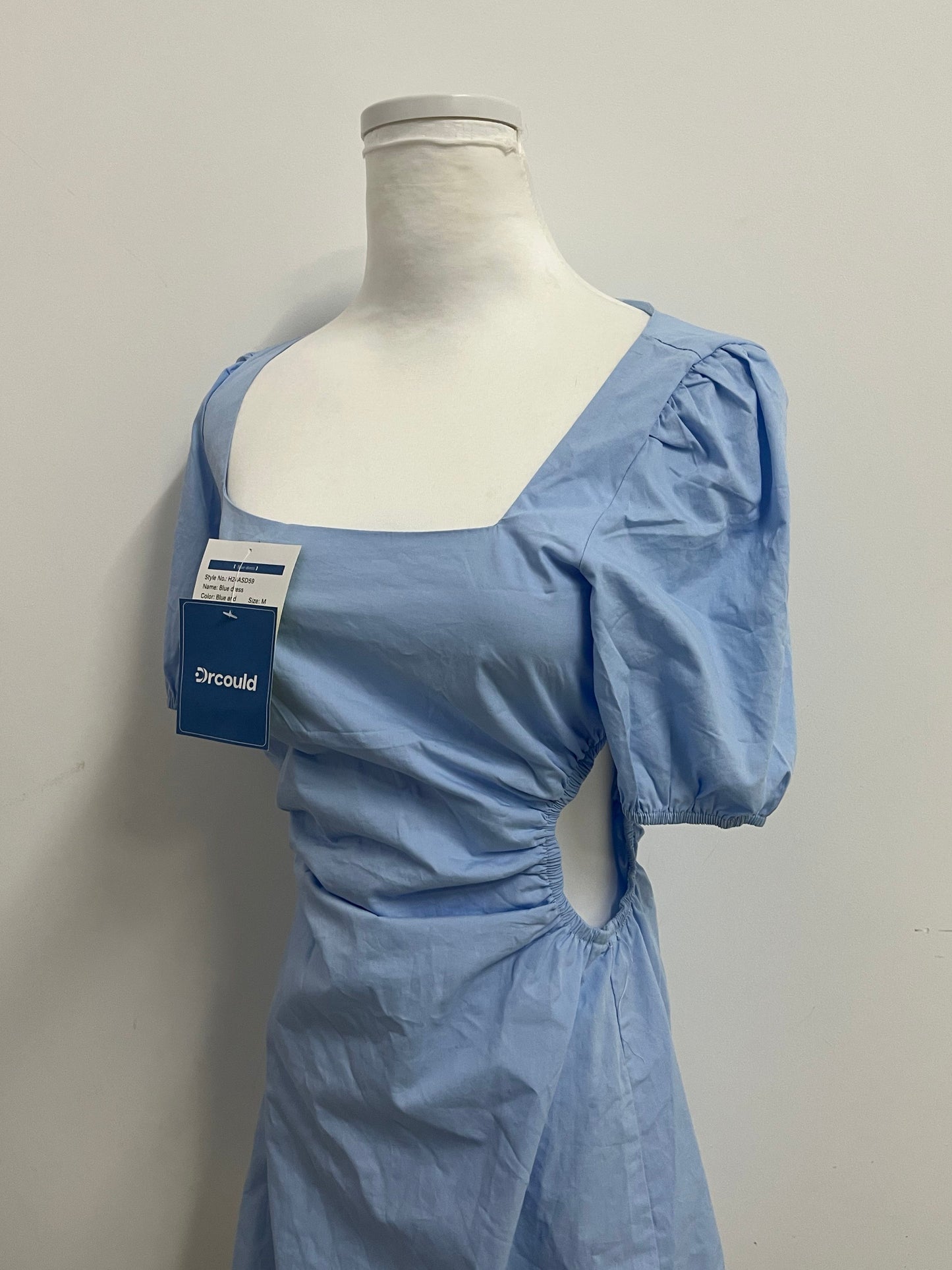 Drcould Light Blue Square Neck Puff Sleeve Dress: Breathable & Stylish Waist-Tie Short Dress for Daily & Casual Occasions
