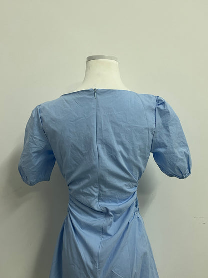 Drcould Light Blue Square Neck Puff Sleeve Dress: Breathable & Stylish Waist-Tie Short Dress for Daily & Casual Occasions