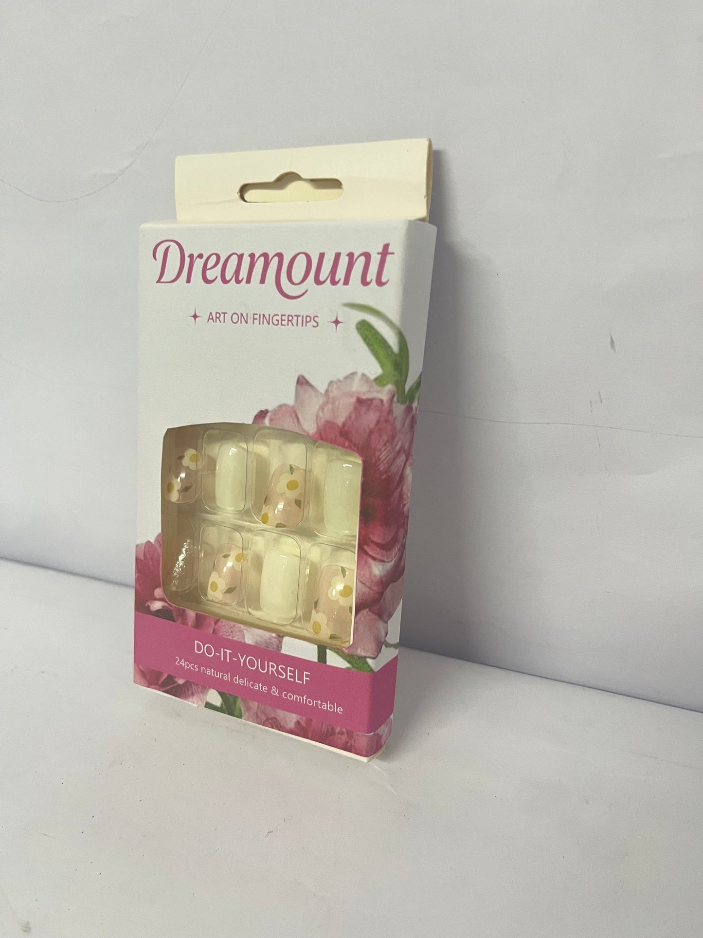 Dreamount Spring Press on Nails Short Square Fake Nails with Flower Glitter Sequins Designs Pink and Cream Color Acrylic Full Covers Spring Glue on Nails Reusable Stick on Nails Short Nails for Women 24PCS