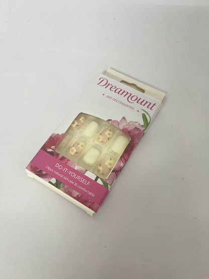 Dreamount Spring Press on Nails Short Square Fake Nails with Flower Glitter Sequins Designs Pink and Cream Color Acrylic Full Covers Spring Glue on Nails Reusable Stick on Nails Short Nails for Women 24PCS