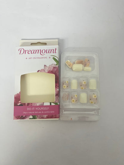 Dreamount Spring Press on Nails Short Square Fake Nails with Flower Glitter Sequins Designs Pink and Cream Color Acrylic Full Covers Spring Glue on Nails Reusable Stick on Nails Short Nails for Women 24PCS
