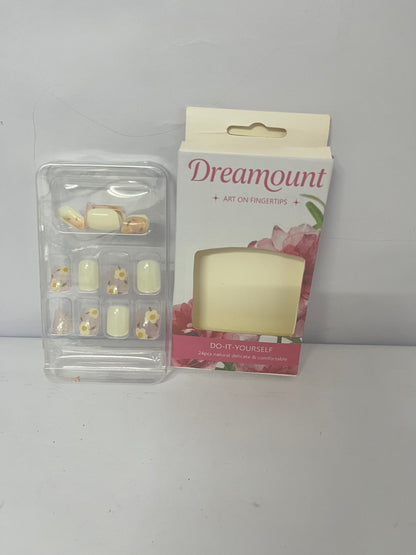 Dreamount Spring Press on Nails Short Square Fake Nails with Flower Glitter Sequins Designs Pink and Cream Color Acrylic Full Covers Spring Glue on Nails Reusable Stick on Nails Short Nails for Women 24PCS