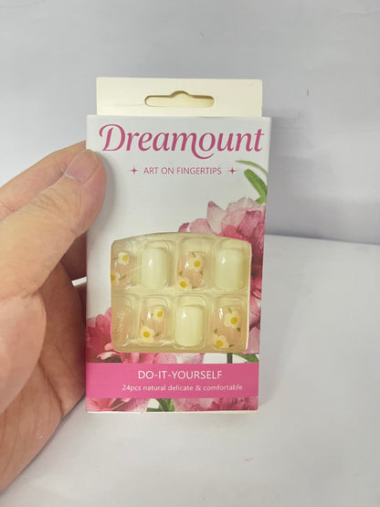 Dreamount Spring Press on Nails Short Square Fake Nails with Flower Glitter Sequins Designs Pink and Cream Color Acrylic Full Covers Spring Glue on Nails Reusable Stick on Nails Short Nails for Women 24PCS