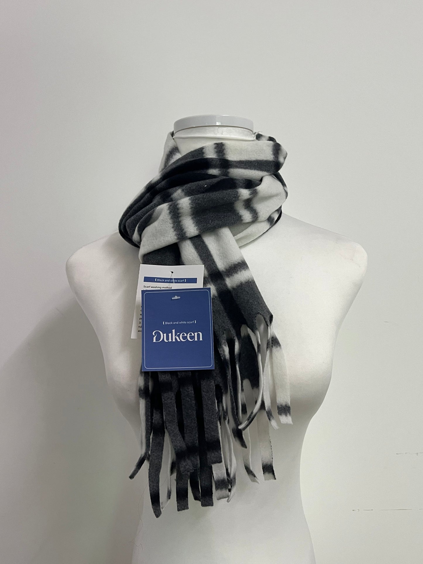 Dukeen Scarfs Black and White Plaid Fringe Scarf - A Fashionable Choice for Autumn and Winter Retro Style and Warmth