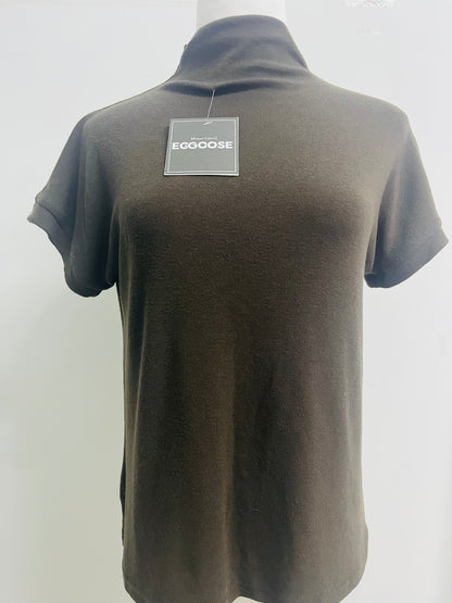 EGGOOSE Women’s Brown Turtleneck Short Sleeve T-Shirt - Soft Ribbed Knit Casual Top