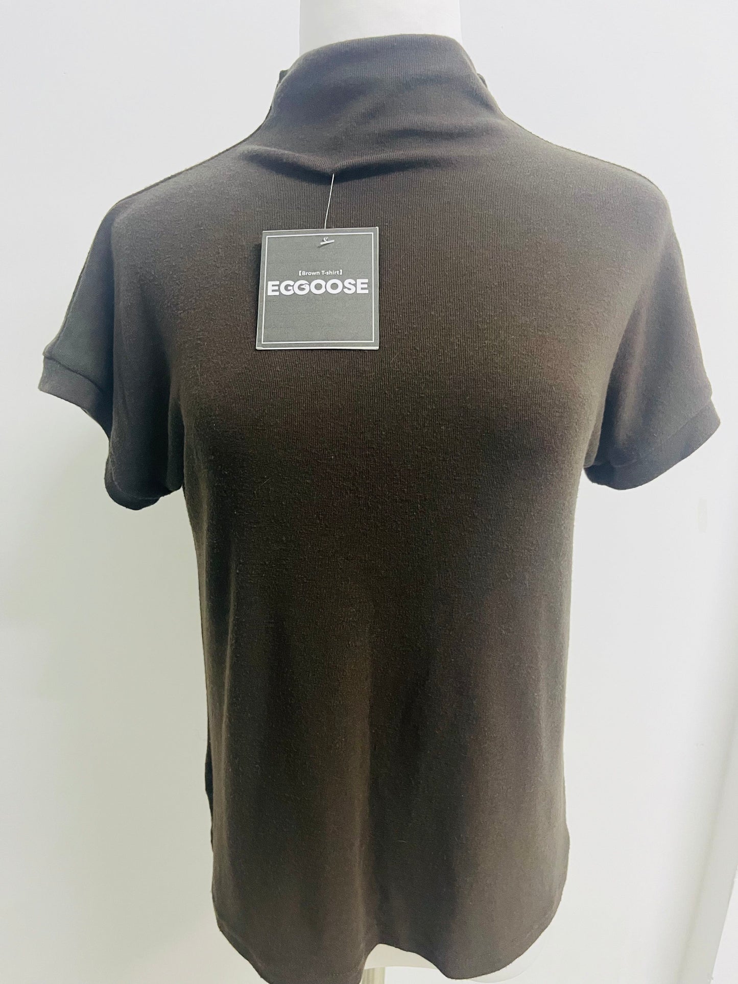 EGGOOSE Women’s Brown Turtleneck Short Sleeve T-Shirt - Soft Ribbed Knit Casual Top
