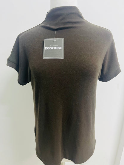 EGGOOSE Women’s Brown Turtleneck Short Sleeve T-Shirt - Soft Ribbed Knit Casual Top