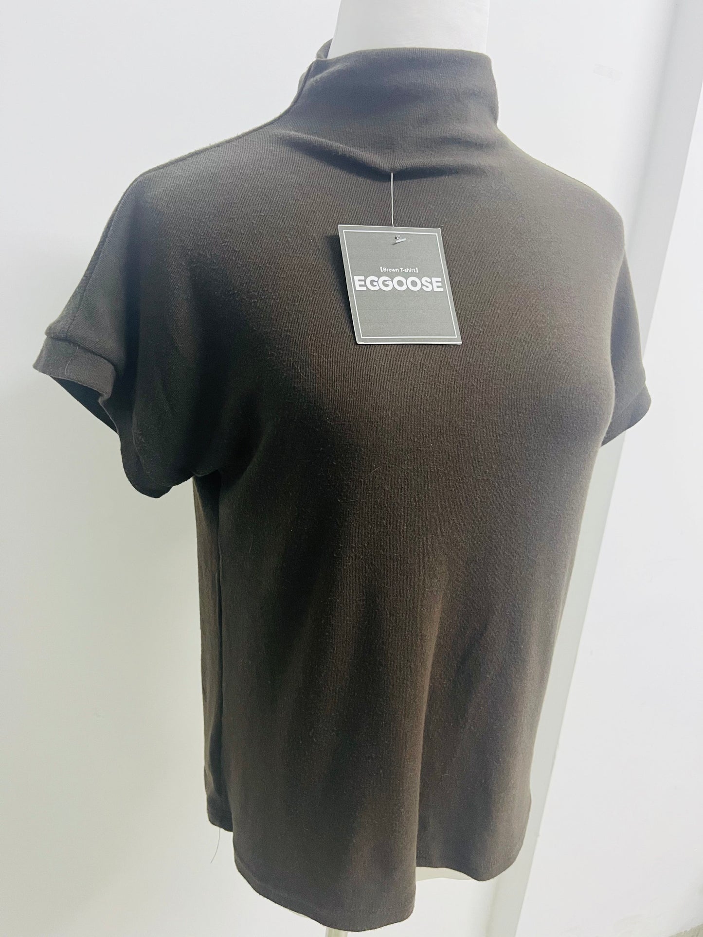 EGGOOSE Women’s Brown Turtleneck Short Sleeve T-Shirt - Soft Ribbed Knit Casual Top