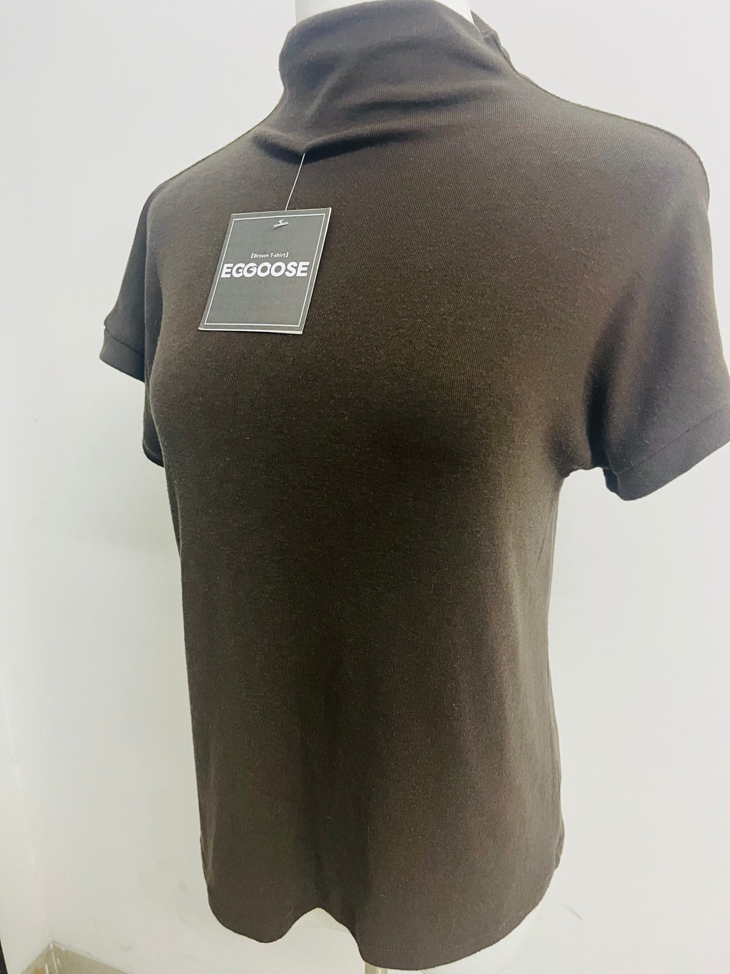 EGGOOSE Women’s Brown Turtleneck Short Sleeve T-Shirt - Soft Ribbed Knit Casual Top