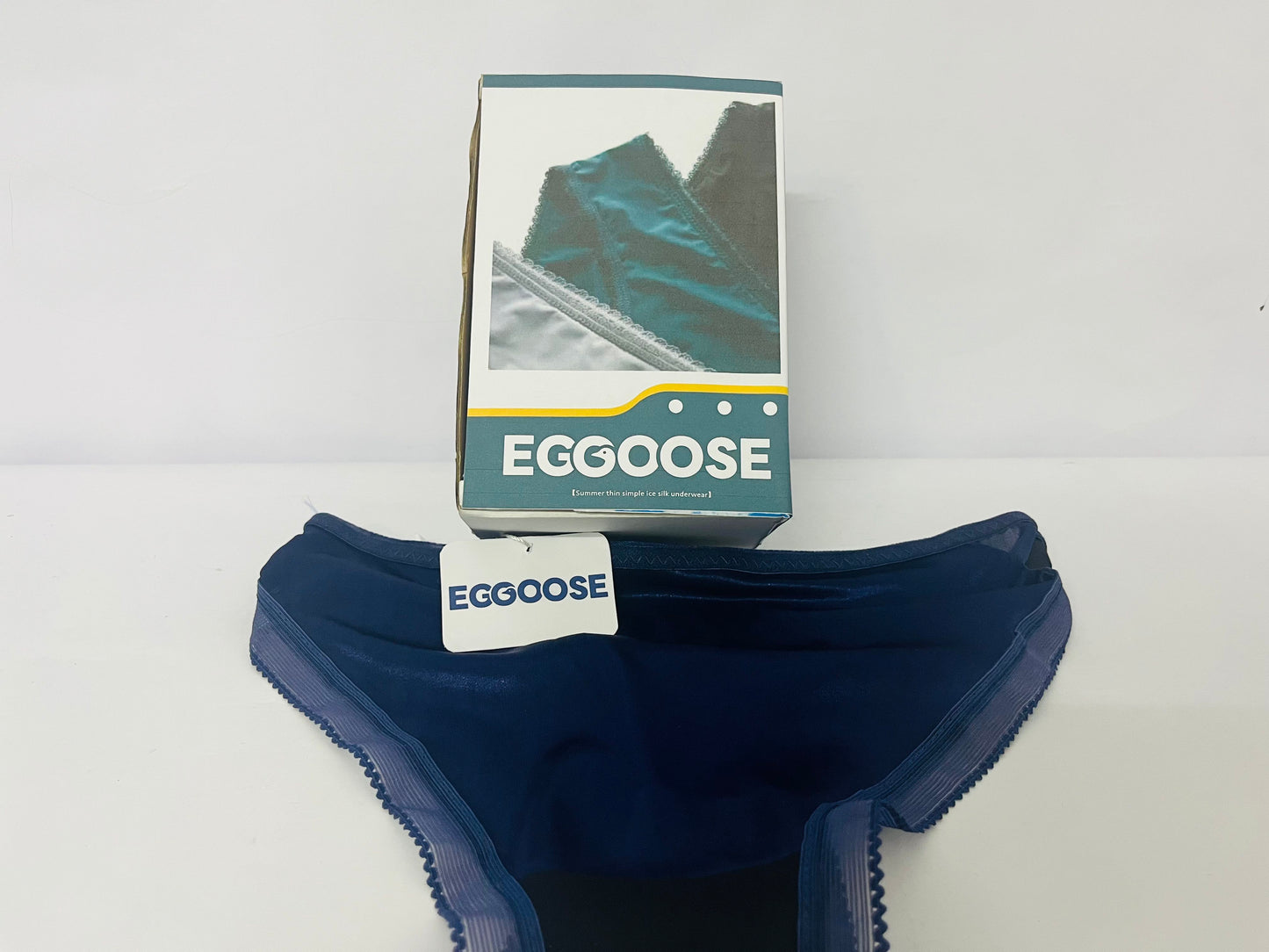 EGGOOSE Women’s Navy Blue Bikini Underwear - Sheer Side Panels & Scalloped Lace Trim
