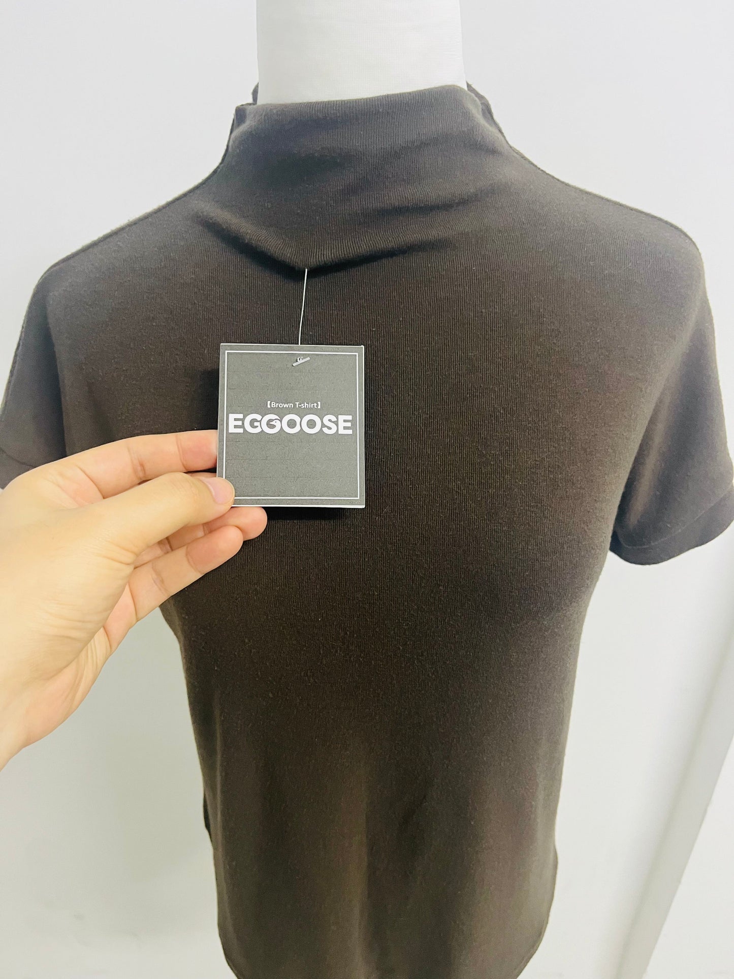 EGGOOSE Women’s Brown Turtleneck Short Sleeve T-Shirt - Soft Ribbed Knit Casual Top