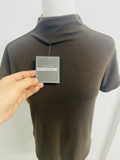 EGGOOSE Women’s Brown Turtleneck Short Sleeve T-Shirt - Soft Ribbed Knit Casual Top