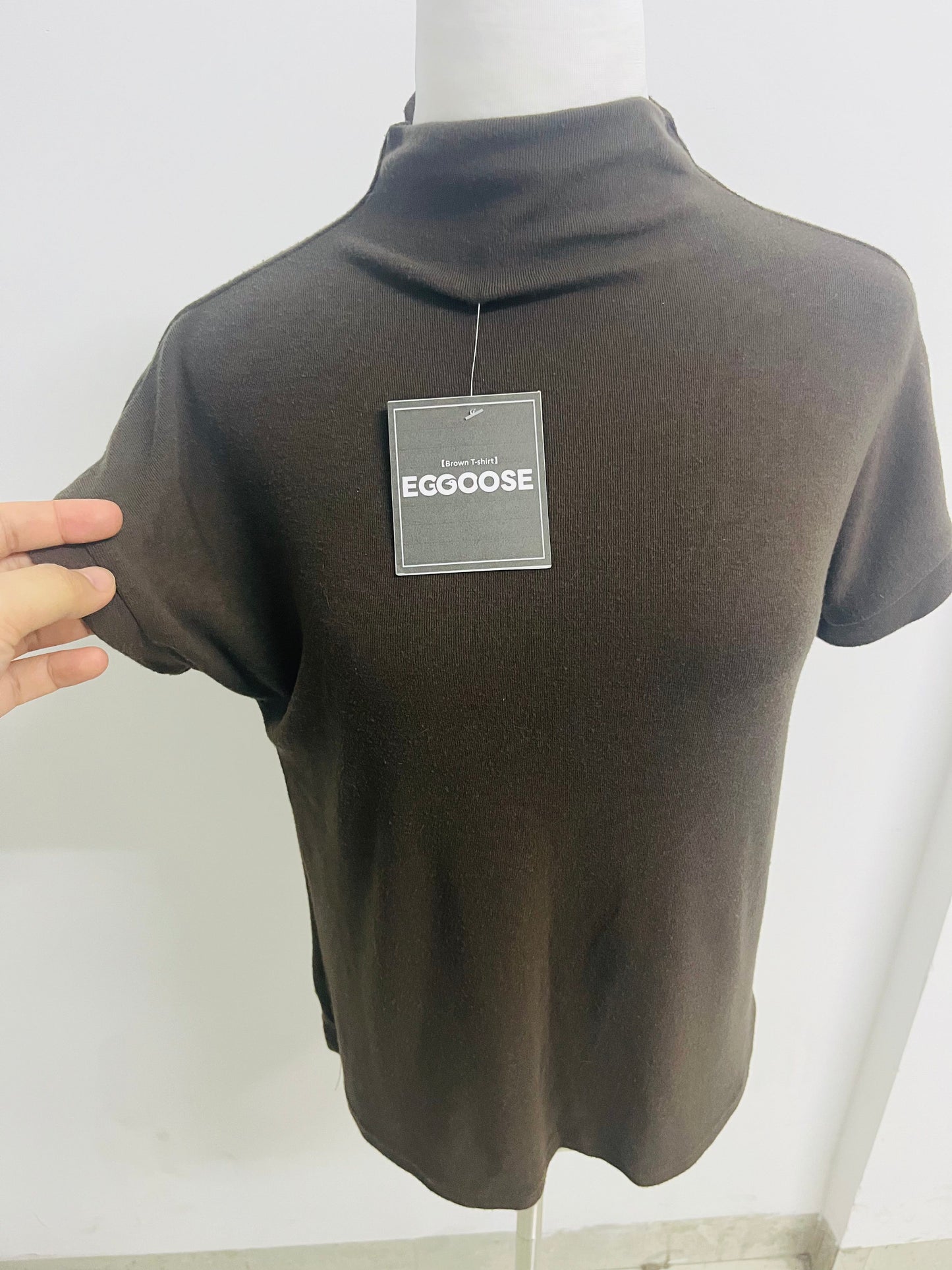 EGGOOSE Women’s Brown Turtleneck Short Sleeve T-Shirt - Soft Ribbed Knit Casual Top