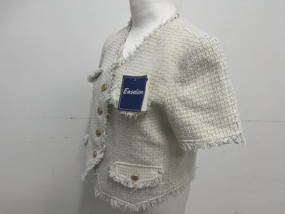 【Easelion Tweed Fringed Short-Sleeve Top】—— Elegant Textured Top for Chic Daily Styling