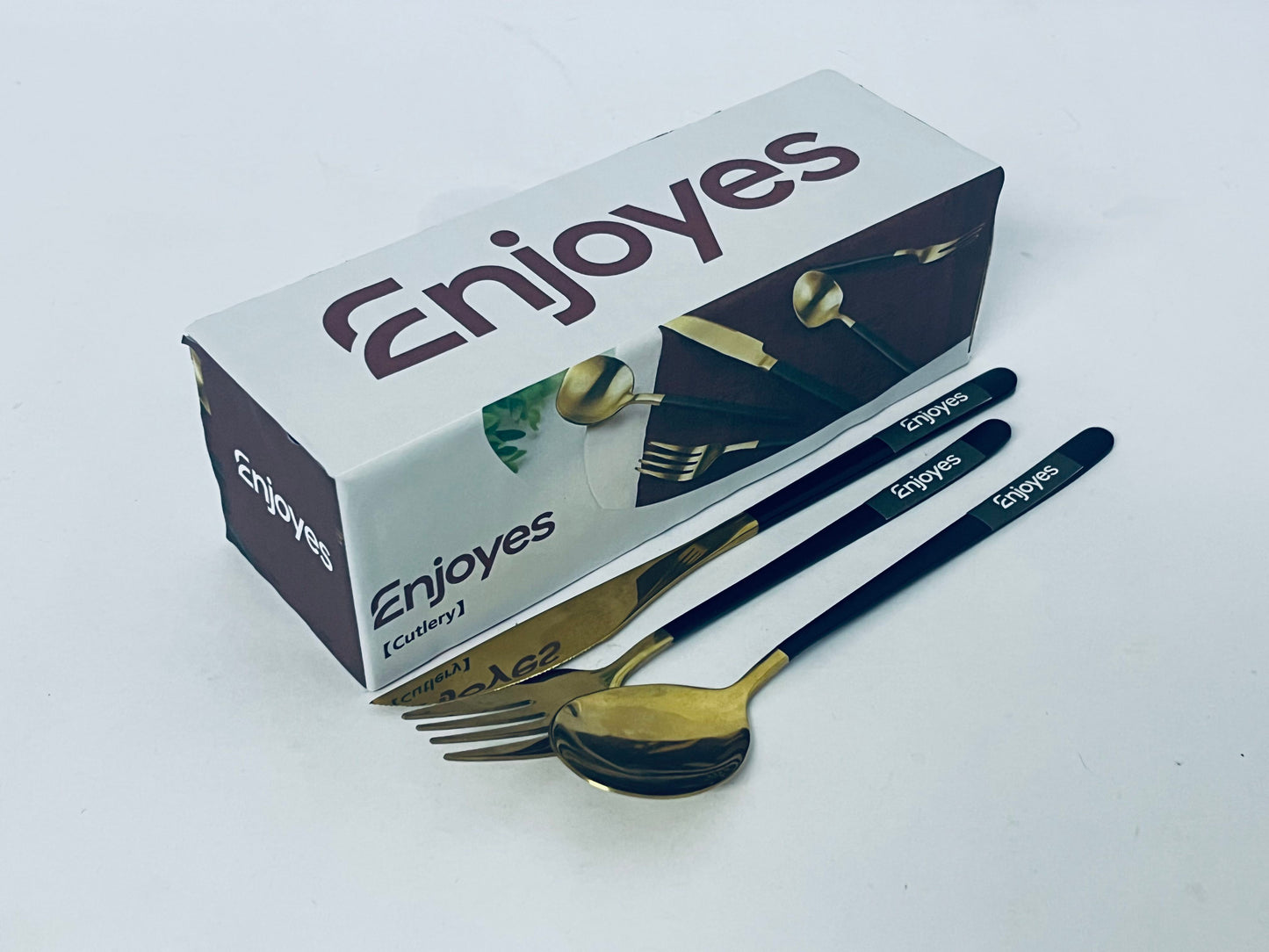 Enjoyes Silverware Set Stainless Steel Reusable Utensils Forks Spoons Knives Set, Mirror Polished Cutlery Flatware Set, Great for Family Gatherings & Daily Use (Black Handle)