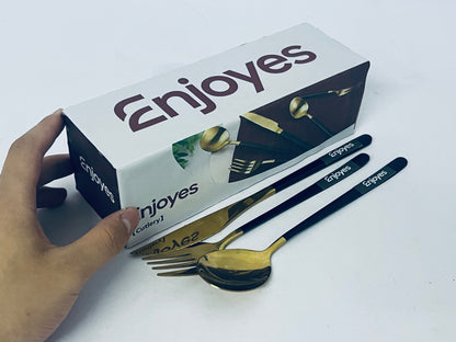 Enjoyes Black and Gold Stainless Steel Cutlery Set (Knife, Fork, Spoon) | Luxury and Stylish Tableware with Ergonomic Design