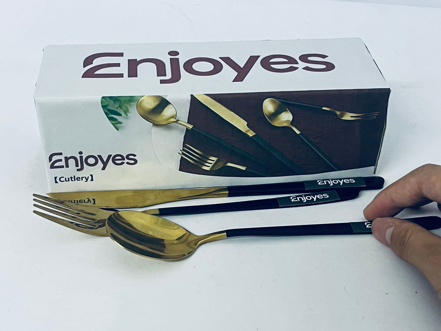 Enjoyes Silverware Set Stainless Steel Reusable Utensils Forks Spoons Knives Set, Mirror Polished Cutlery Flatware Set, Great for Family Gatherings & Daily Use (Black Handle)