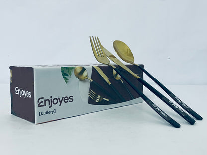 Enjoyes Black and Gold Stainless Steel Cutlery Set (Knife, Fork, Spoon) | Luxury and Stylish Tableware with Ergonomic Design