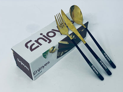 Enjoyes Silverware Set Stainless Steel Reusable Utensils Forks Spoons Knives Set, Mirror Polished Cutlery Flatware Set, Great for Family Gatherings & Daily Use (Black Handle)