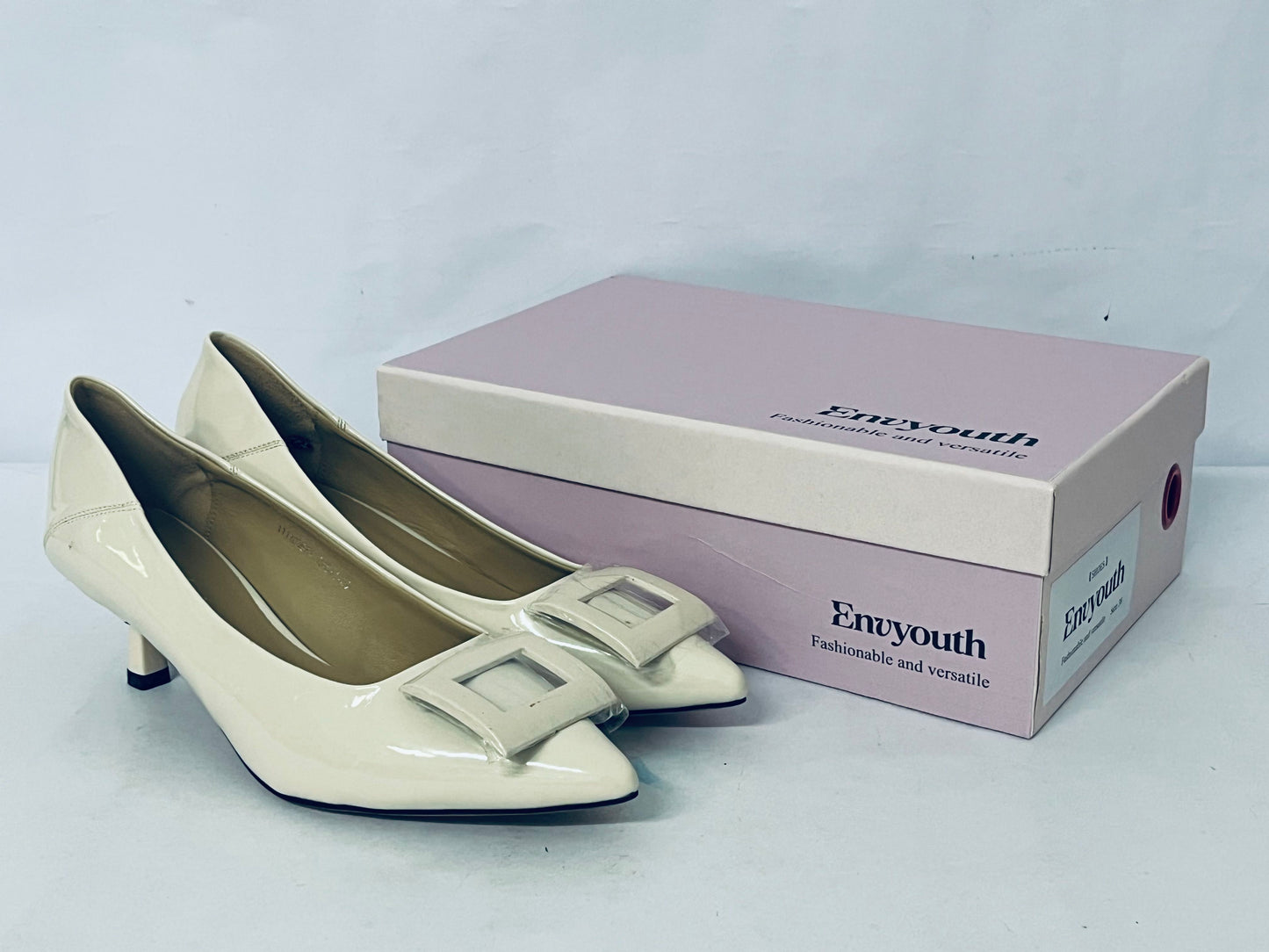 Envyouth Women's Pointed Toe Kitten Heels Pumps with Square Buckle | Fashionable Versatile Office & Daily Shoes