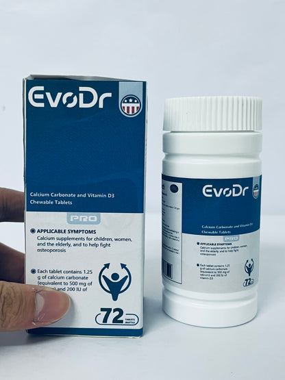 EvoDr Calcium Carbonate & Vitamin D3 Chewable Tablets - 72 Count | Calcium Supplement for Women, Men, & Seniors to Support Bone Health
